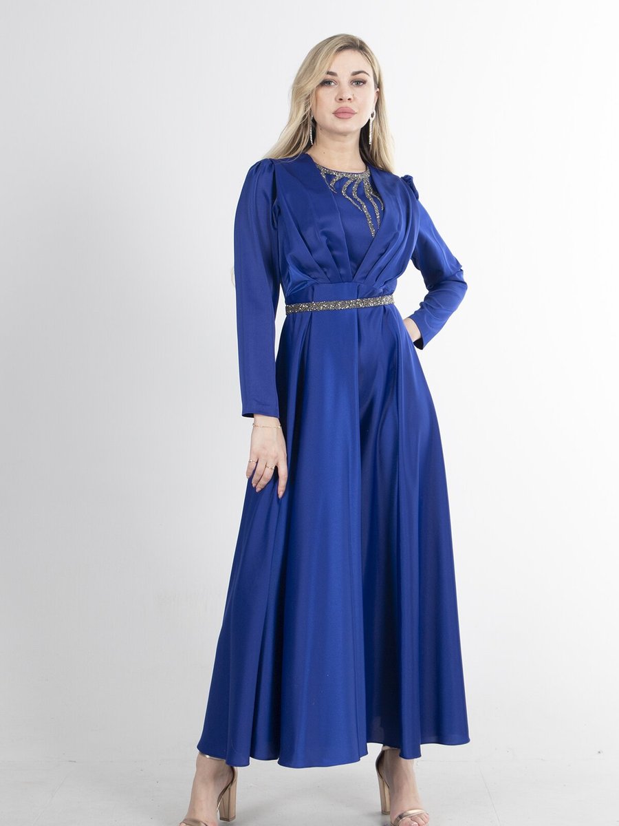 Ardanewline Saks Uzun Kol Taş Detaylı Saten Kloş Abiye Elbise