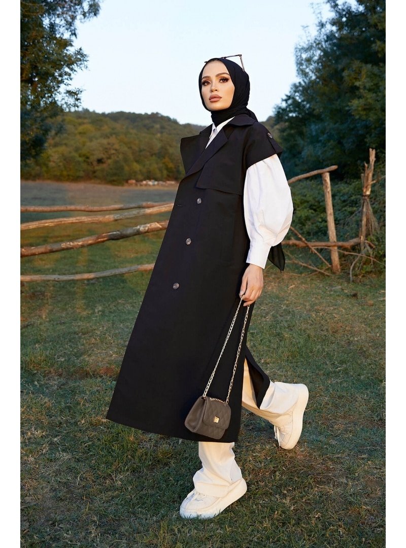 Bestenur Siyah Kolsuz Oversize Kuşaklı Trençkot