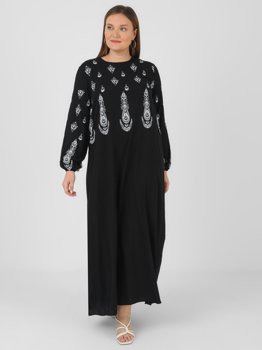 Alia Siyah Büyük Beden Doğal Kumaşlı Desenli Elbise