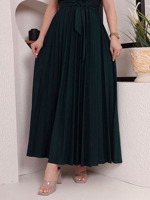 Burcu Fashion Zümrüt Yeşili Kuşak Detaylı Piliseli Etek