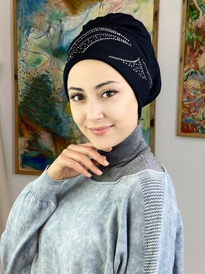 BUTİK AMBAR Siyah Yelpaze Model Taşlı Hazır Bone