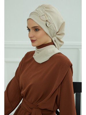 Aisha`s Design Aksesuarlı Aerobin Kumaş Hazır Türban,bej,ht