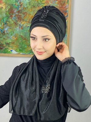 BUTİK AMBAR Siyah Hürrem Tek Biritli Simli Atkılı Bone