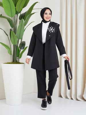 Therarebell Siyah Şal Yaka Taş İşlemeli Ceket Takım