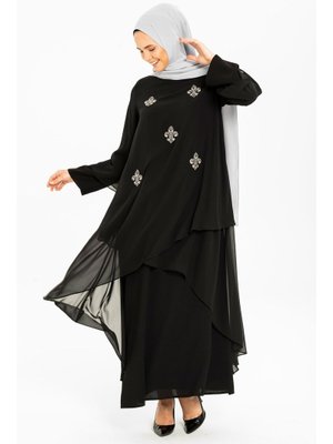 Beyza Taş Ve Şifon Detaylı Siyah Abiye Elbise