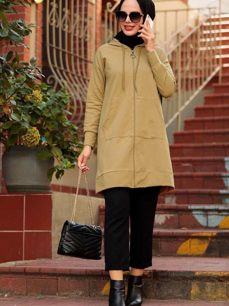 Cng Moda Bisküvi Fermuarlı Kanguru Cepli Sweat