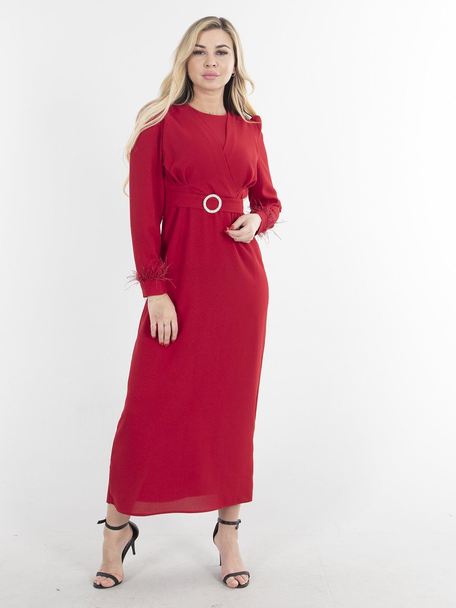 Ardanewline Kırmızı Uzun Kol Seyyar Kemerli Astarsız Elbise