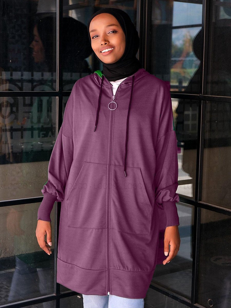 Cng Moda Mor Boyfriend Fermuarlı Kanguru Cepli Sweat