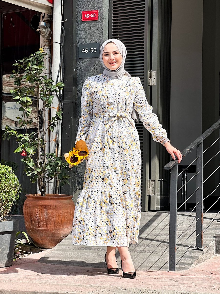 Cng Moda Sarı Kırıkcam Desenli Kuşaklı Elbise