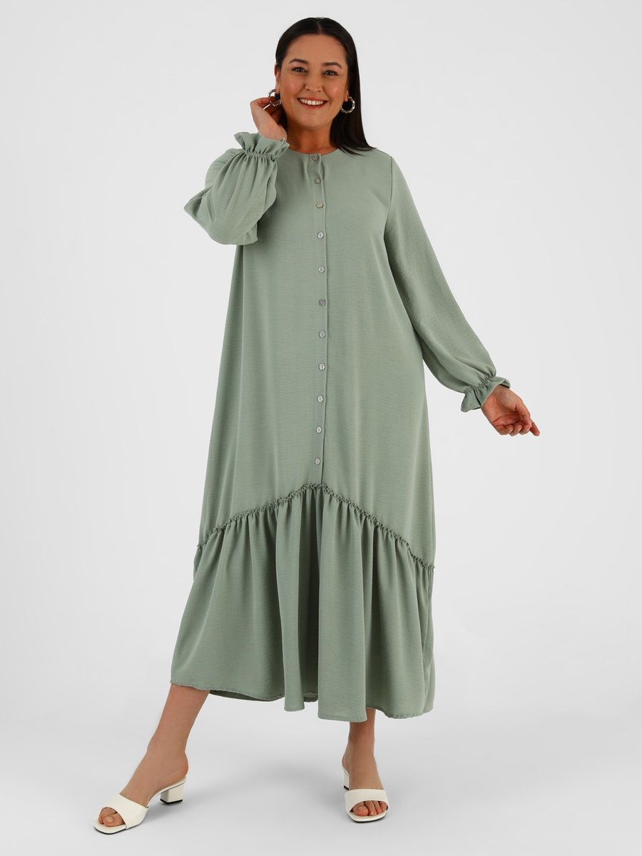 Alia Su Yeşili Büyük Beden Boydan Düğmeli Elbise