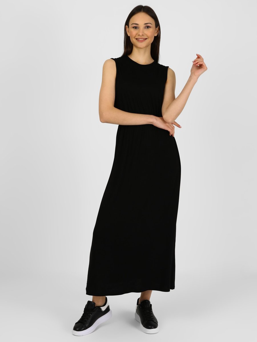 Refka Siyah Doğal Kumaşlı Beli Lastikli Kolsuz Elbise
