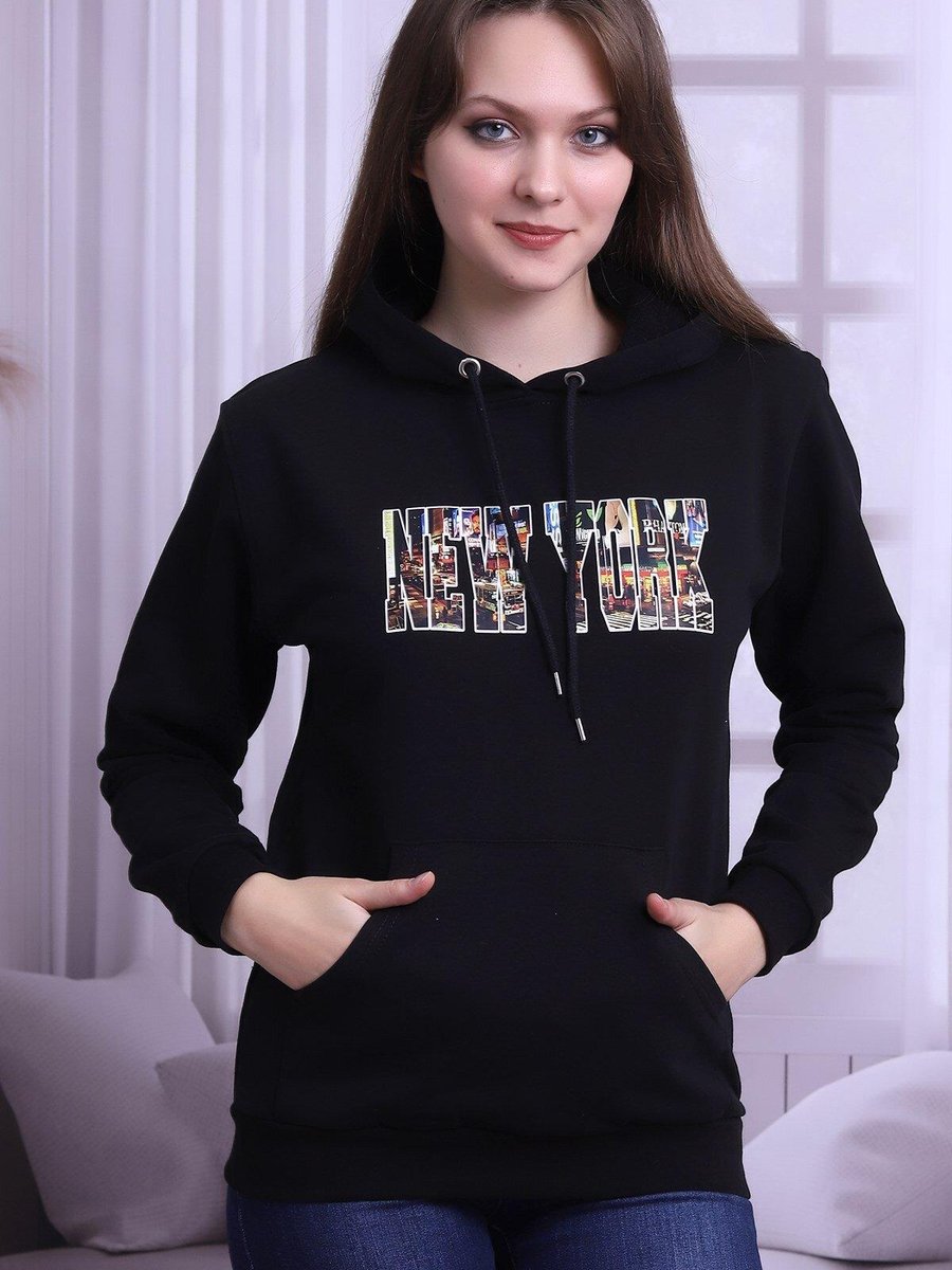 Deafox Siyah New York Baskılı Kapüşonlu Sweatshirt