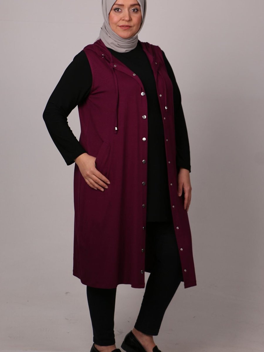 Moda Rosa Mürdüm Büyük Beden Çıtçıtlı Kapüşonlu Penye Yelek
