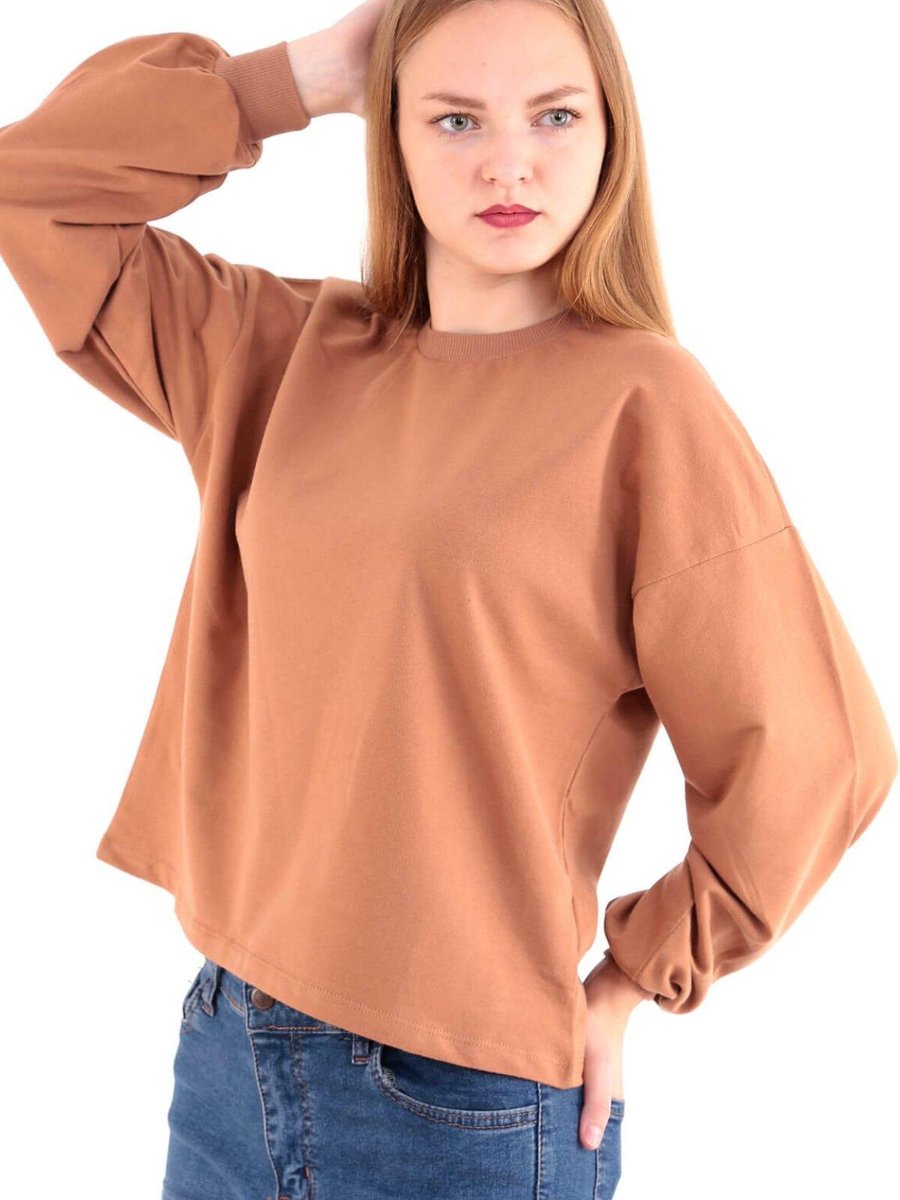 Deafox Kahverengi Taba Rengi Kol Detaylı Sweatshirt