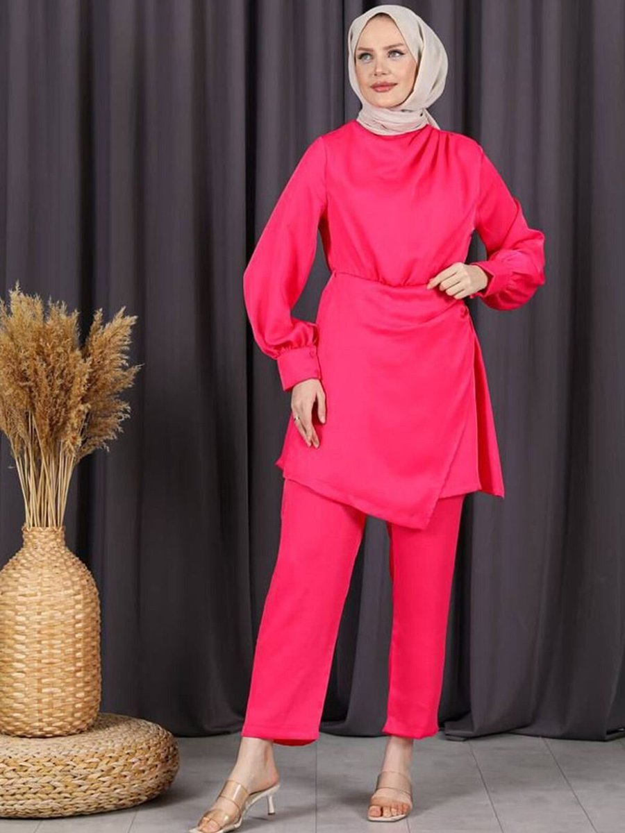 Moda Rosa Fuşya Saten İkili Abiye Takım