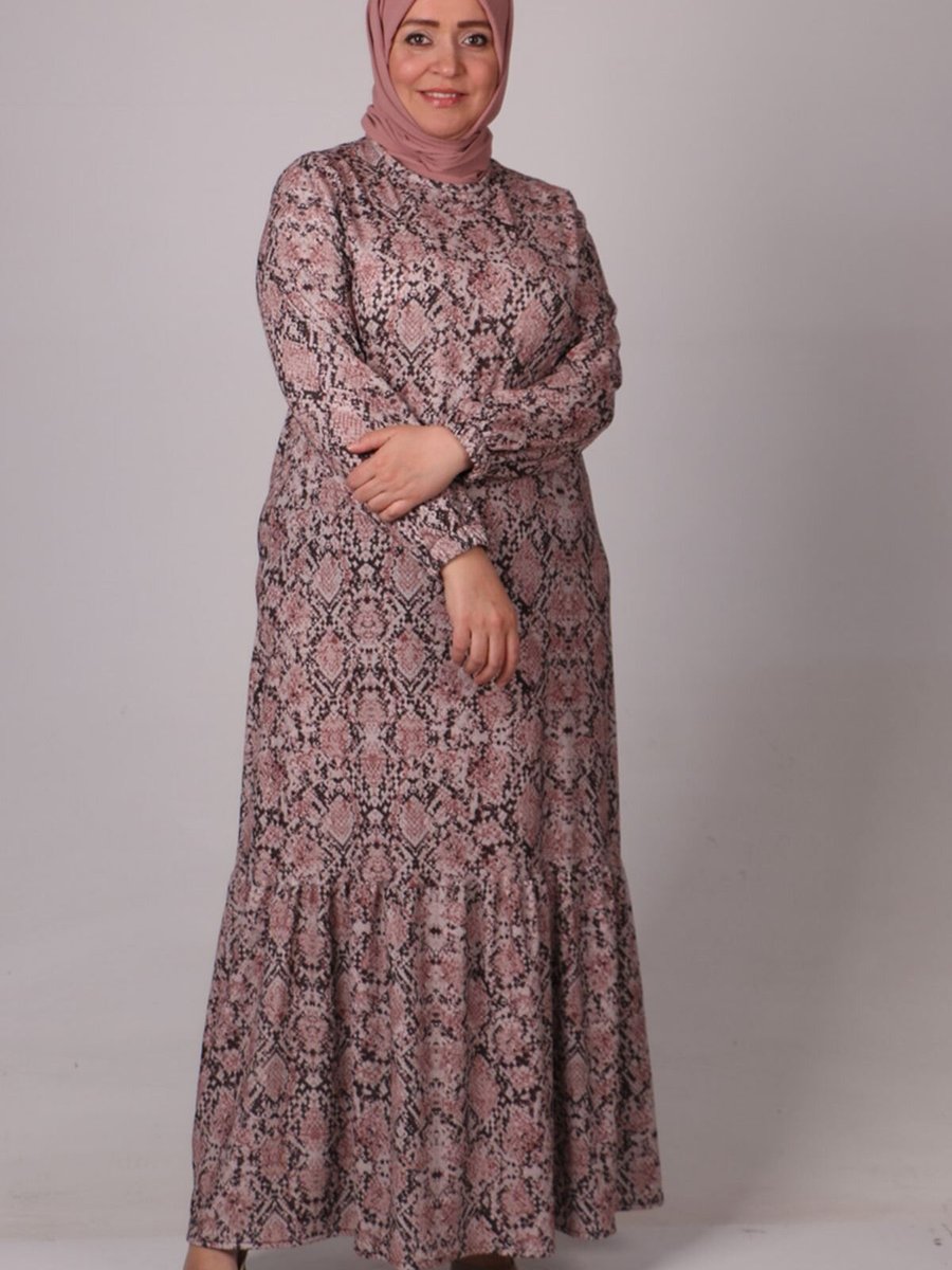 Moda Rosa Karma Gül Desenli Büyük Beden Etek Ucu Fırfırlı Bürümcük Elbise