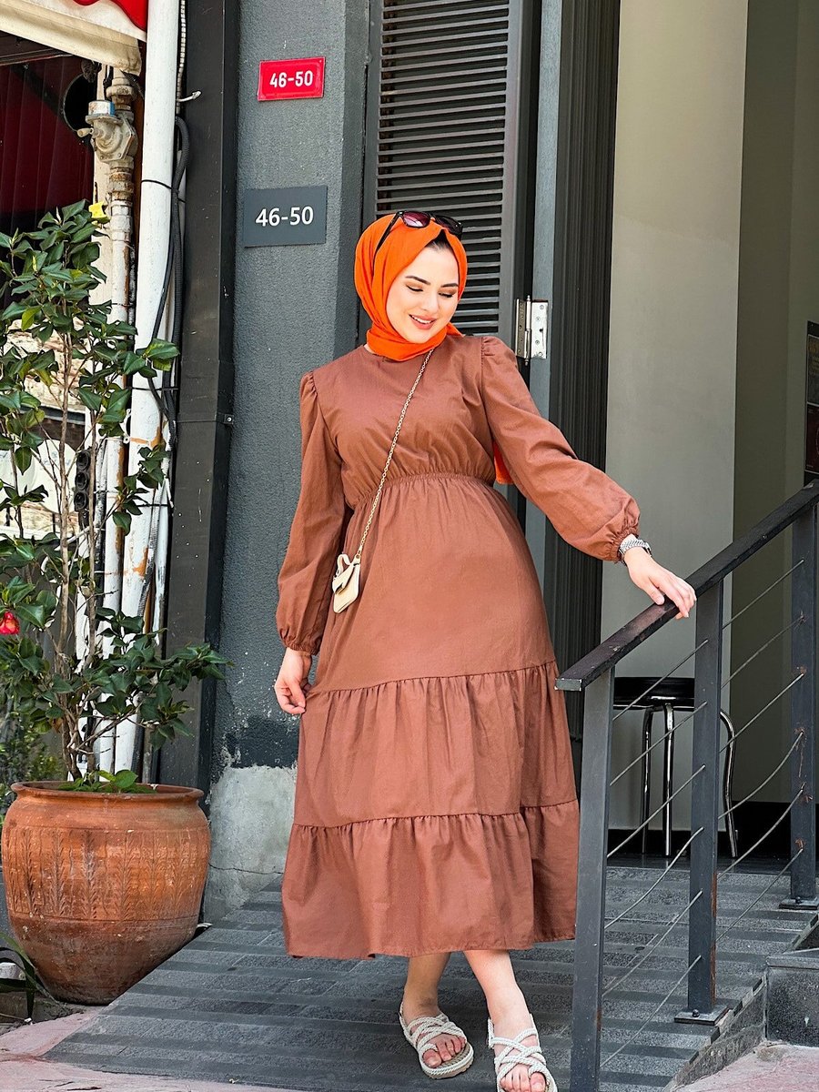 Cng Moda Acı Kahve Beli Lastikli Prenses Elbise