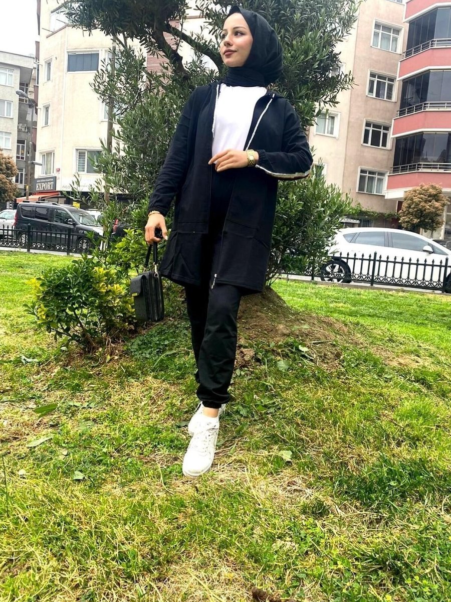 Cng Moda Siyah Tomy Fermuarlı Kapüşonlu Eşofman Takım