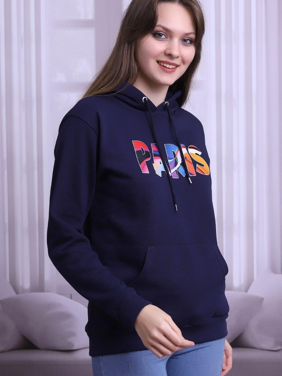 Deafox Lacivert Paris Yazılı Kapüşonlu Sweatshirt