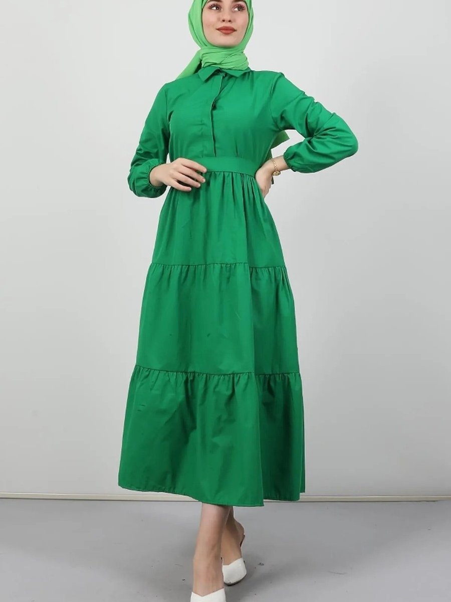 Cng Moda Yeşil Standart Düğmeli Fuşya Elbise