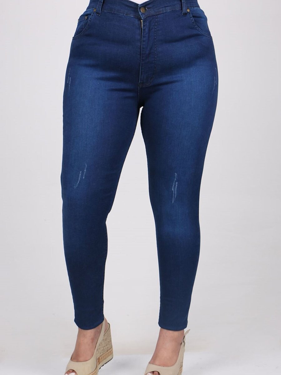 Moda Rosa Lacivert Büyük Beden Taşlamalı Ve Tırnaklı Dar Paça Uzun Boy Kot Pantolon
