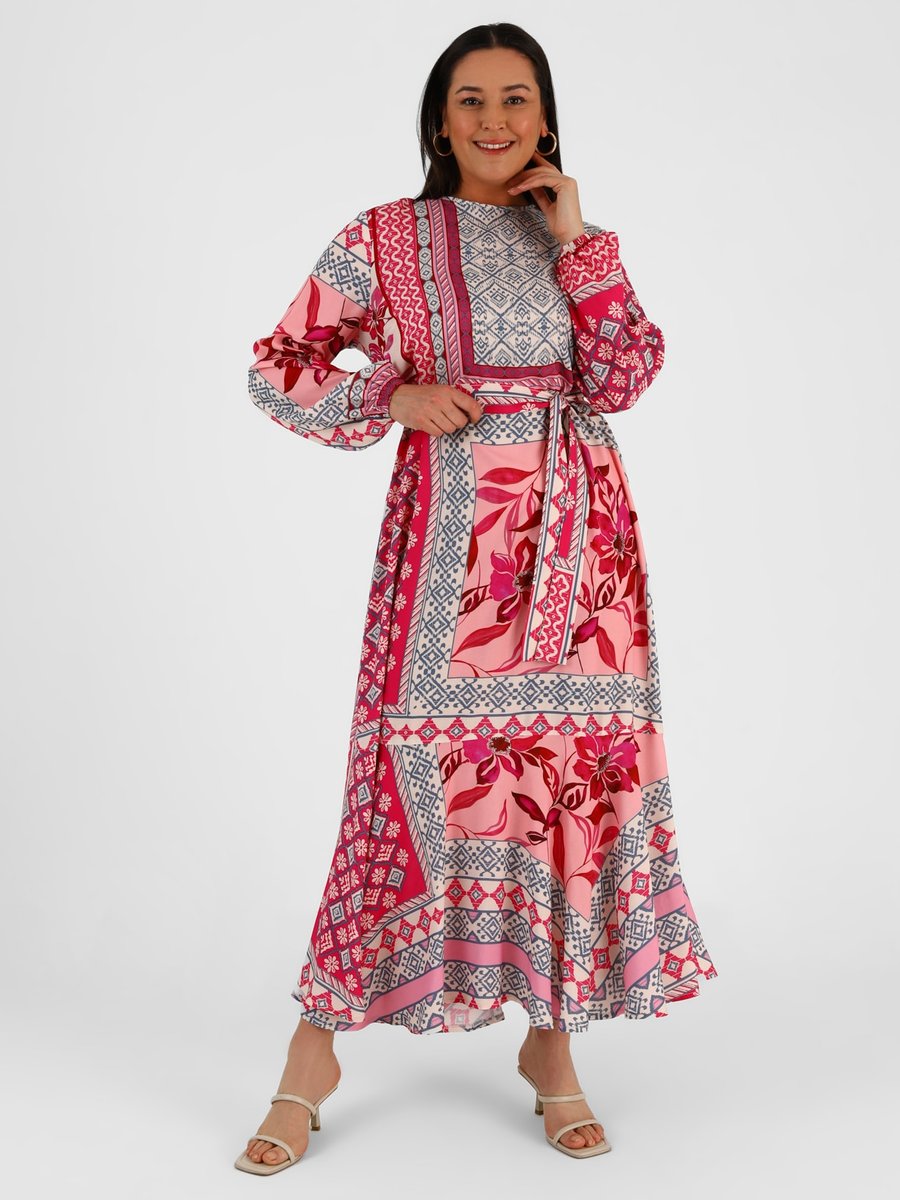 Alia Pembe Lacivert Büyük Beden Desenli Kuşaklı Elbise
