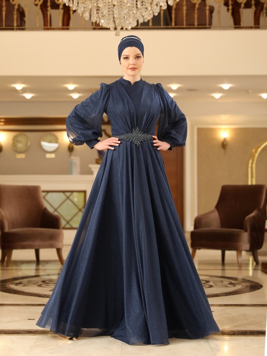 Ahunisa Lacivert Safran Abiye Elbise