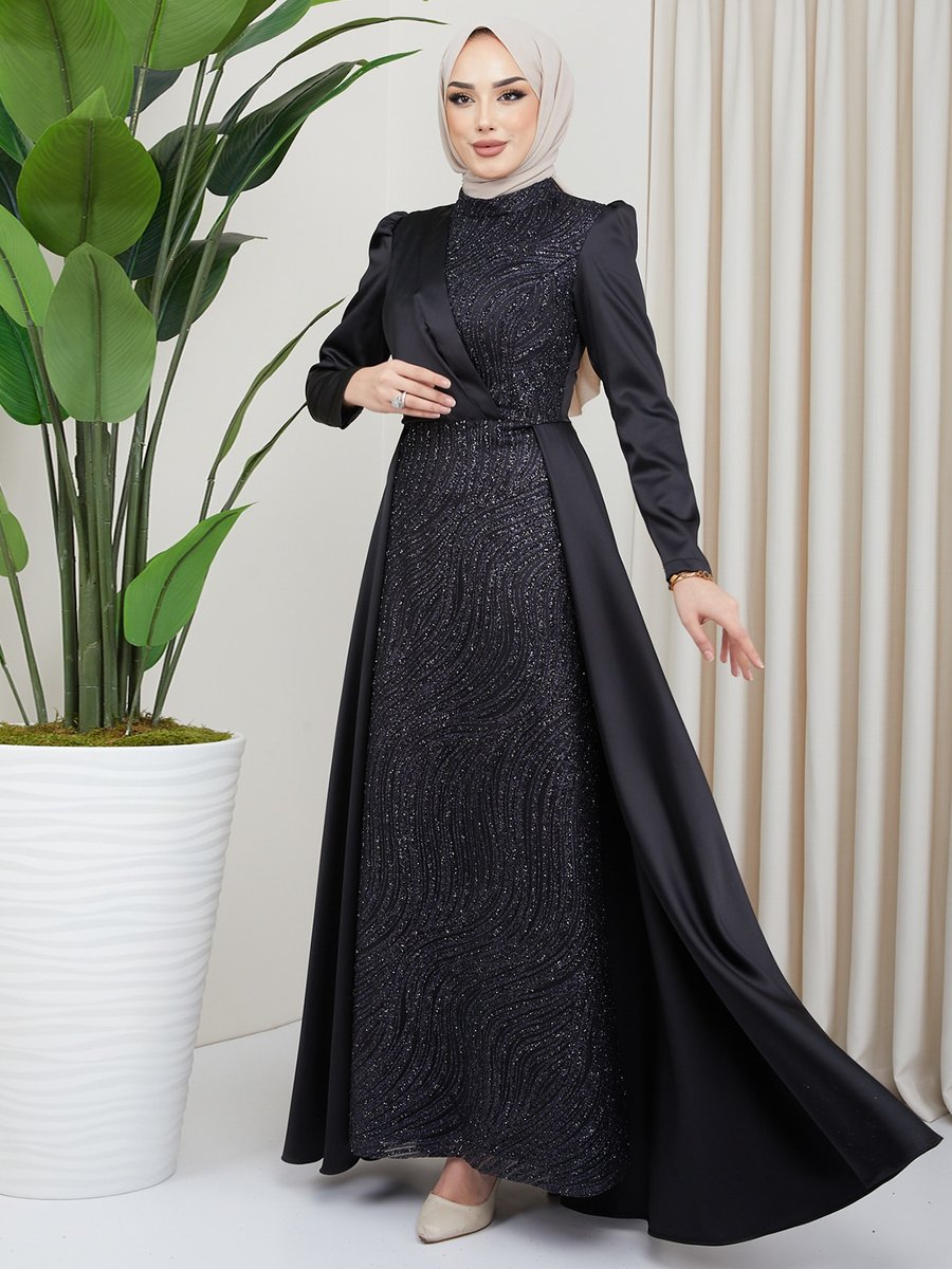 Olcay Siyah Önü Pul Ve Sim Detaylı Pelerin Etekli Saten Abiye Elbise