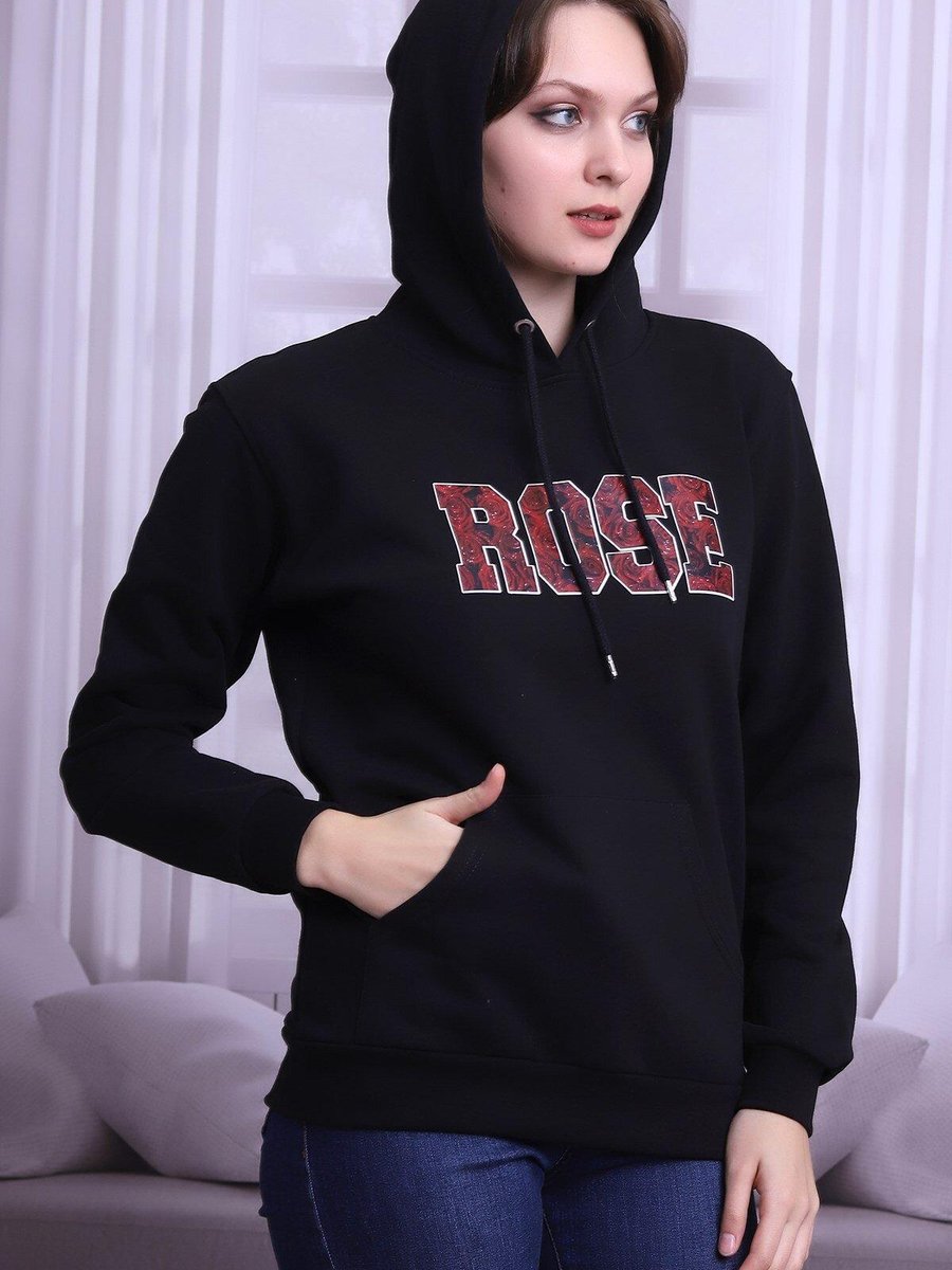 Deafox Siyah Rose Yazılı Kapüşonlu Sweatshirt