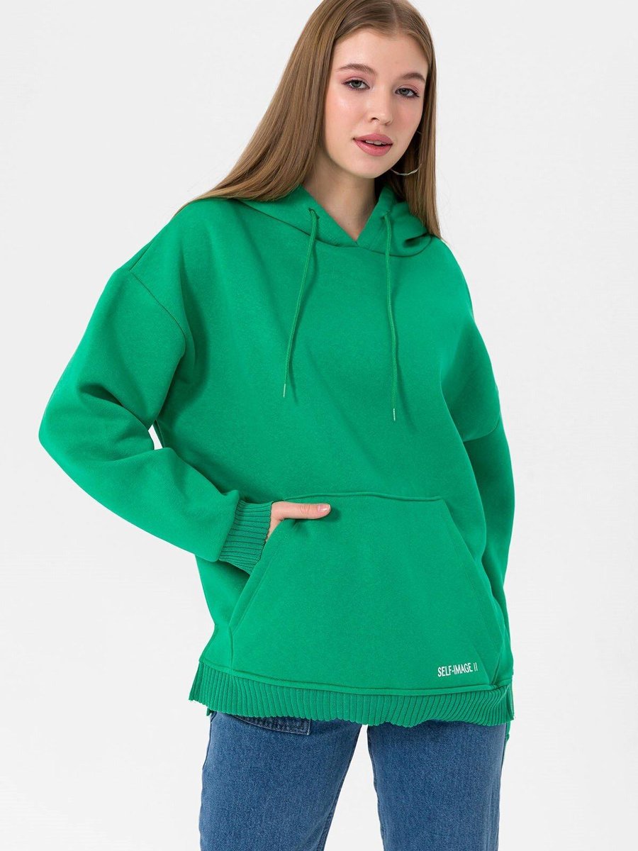 Butik Buruç Yeşil Kanguru Cep Sırtı Yazı Baskılı Yandan Yırtmaçlı Kapüşonlu Sweat
