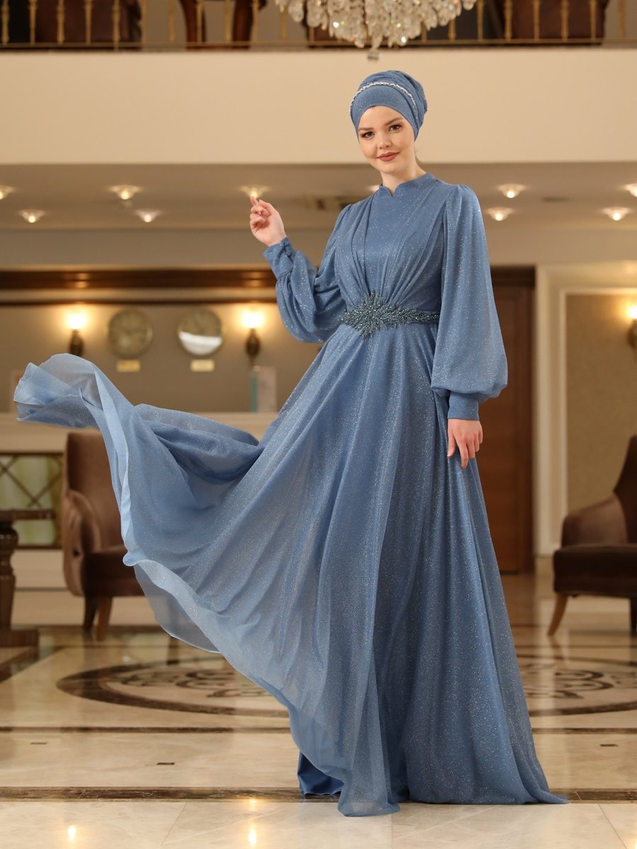 Ahunisa İndigo Safran Abiye Elbise