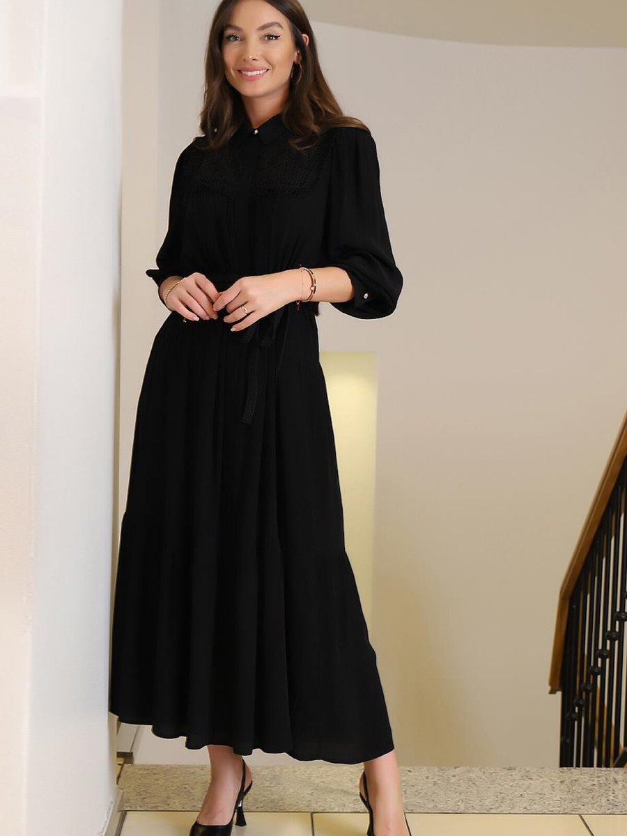 Hukka Siyah Uzun Kollu Kuşaklı Elbise