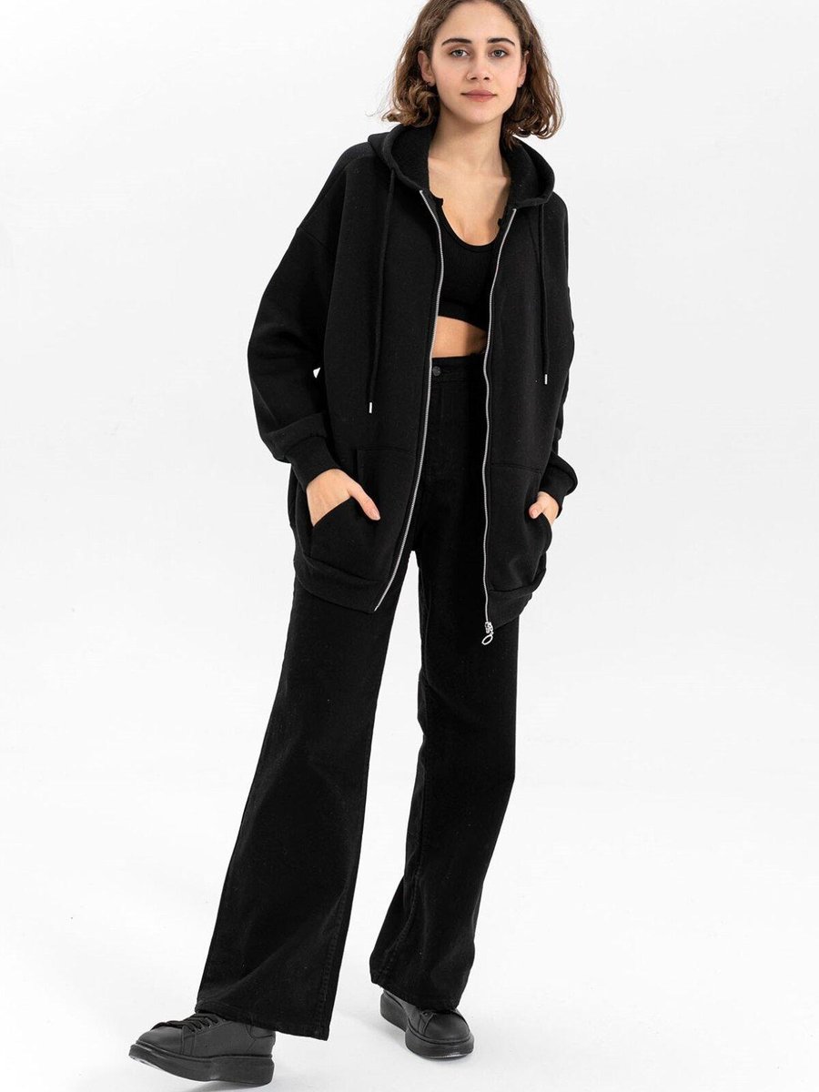 Butik Buruç Siyah Fermuarlı Üç İplik Sweat