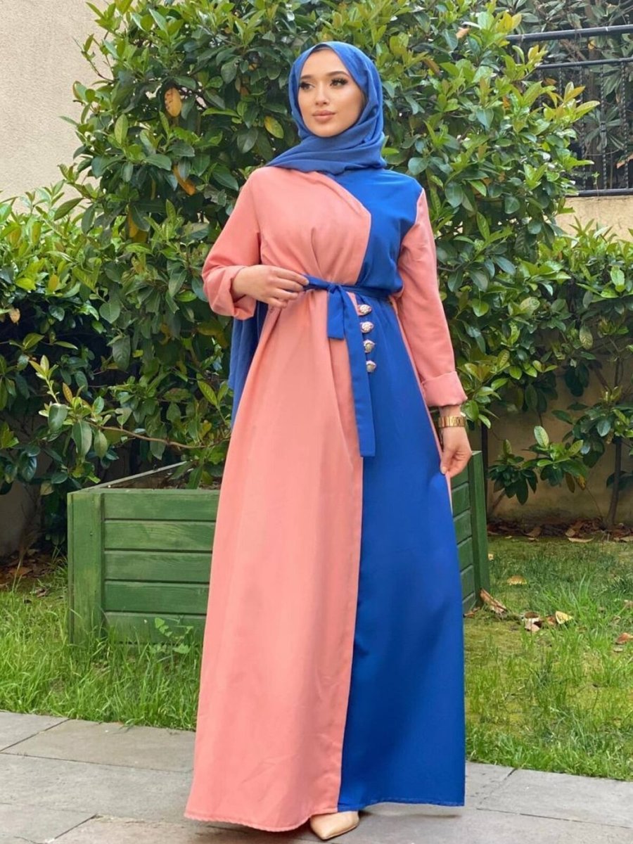 Şems Fashion Mavi Pudra Aerobin Kumaş Çift Renk Kemerli Uzun Elbise