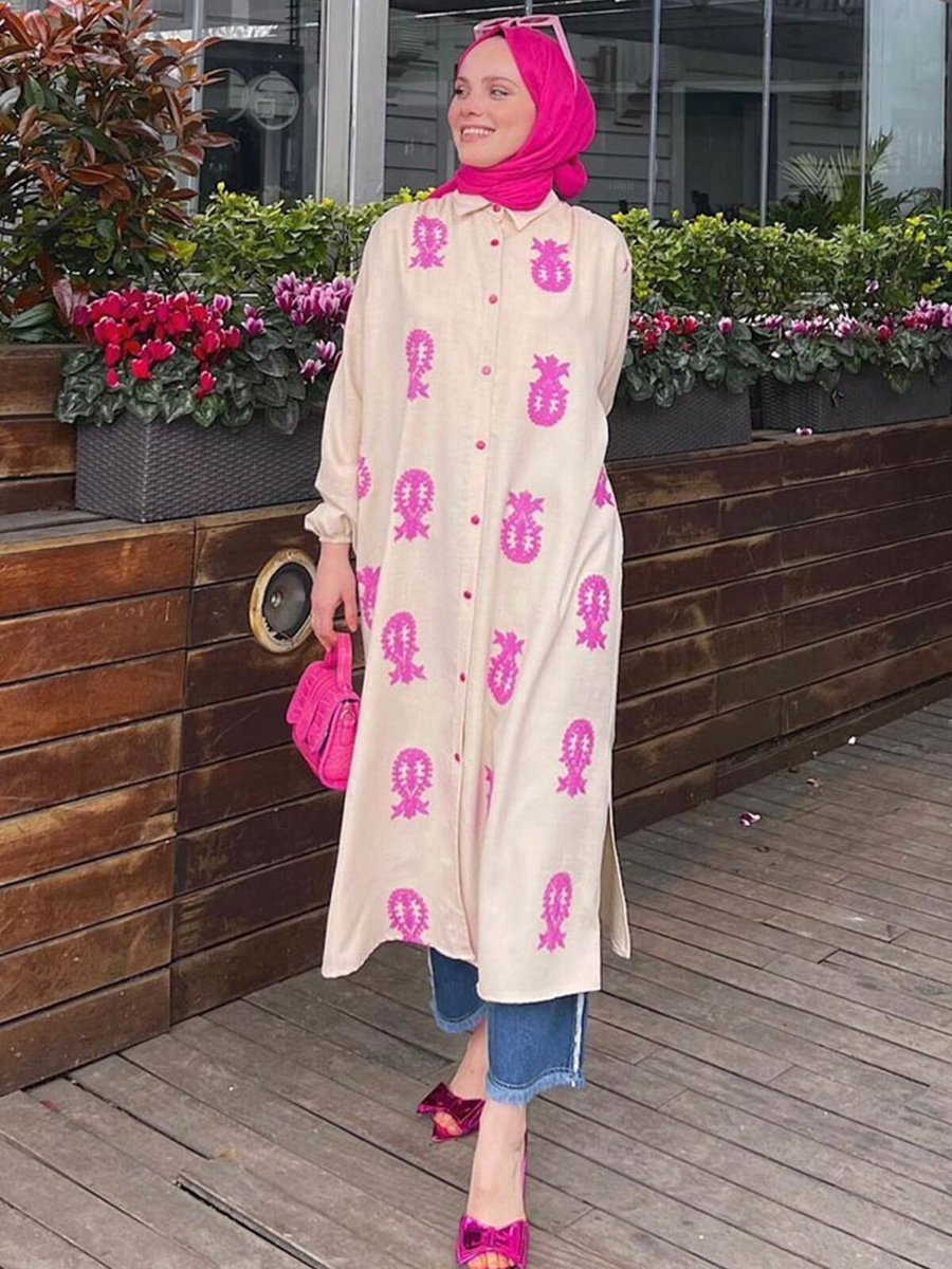 Moda Rosa Pembe Nakış İşlemeli Uzun Tunik