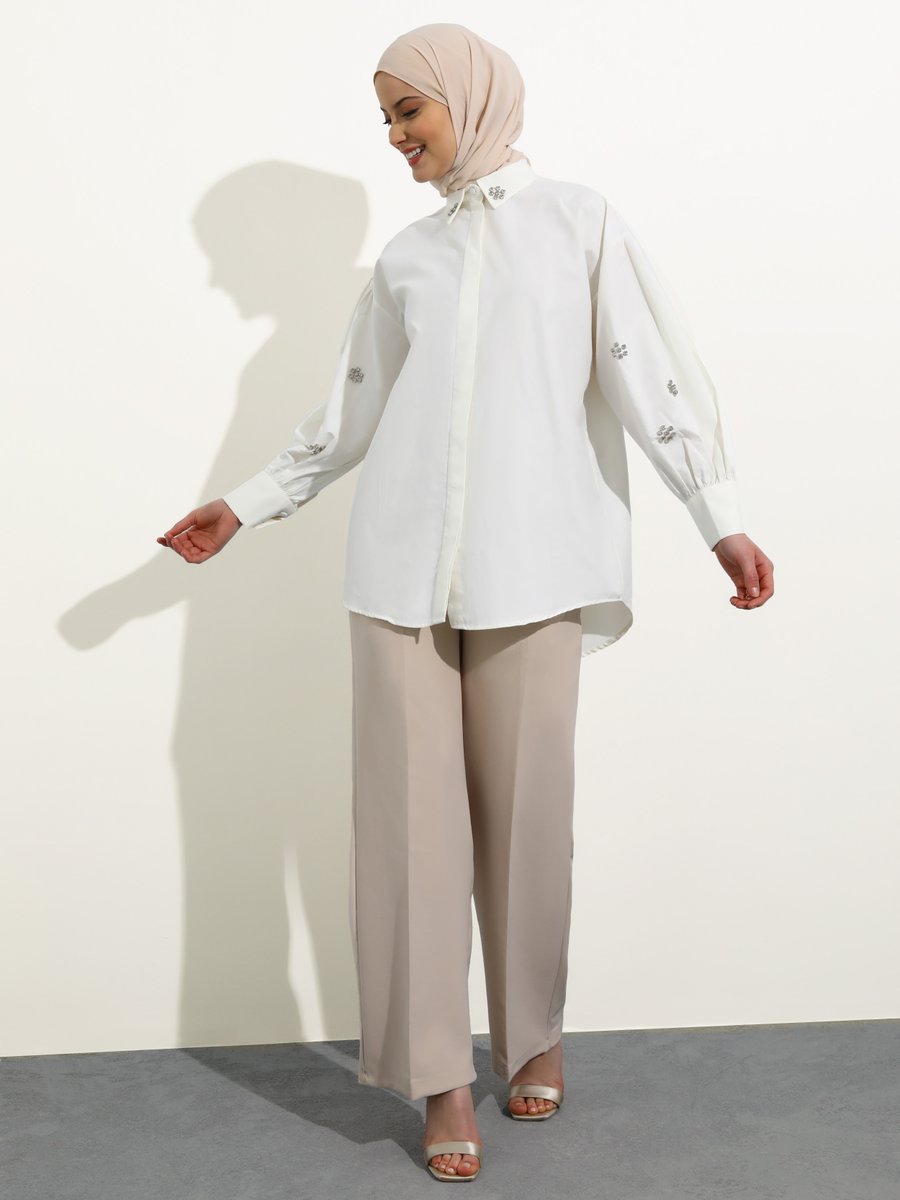 Refka Off White Gizli Düğmeli Taş Detaylı Poplin Tunik