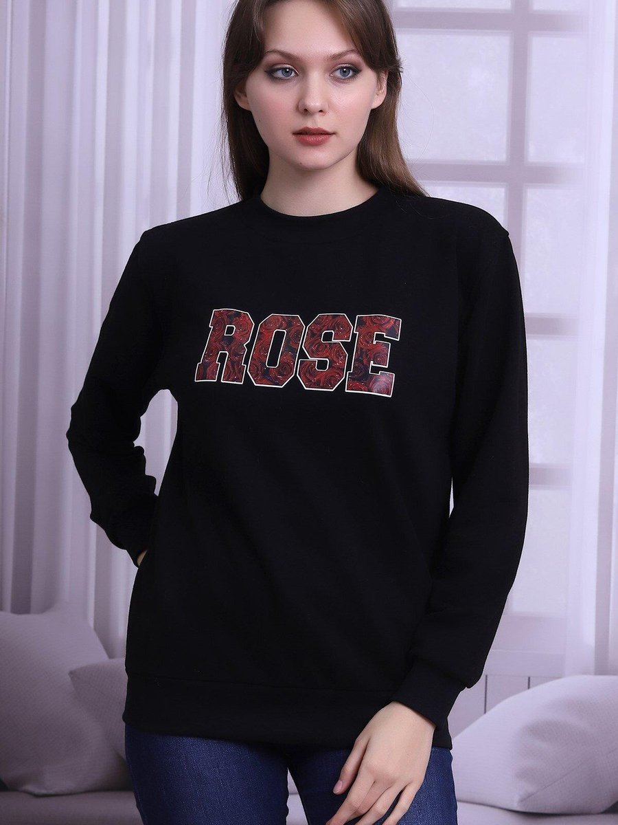 Deafox Siyah Rose Yazılı Bisiklet Yaka Sweatshirt