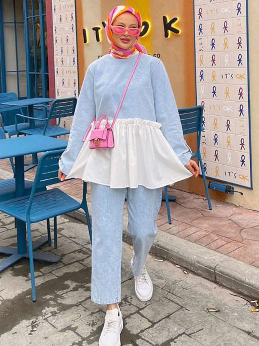 Moda Rosa Mavi Fırfırlı Kot Takım