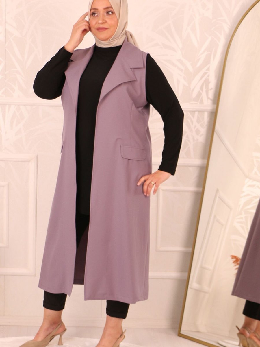 Moda Rosa Mor Büyük Beden Blazer Yakalı Çift Kat Krep Yelek