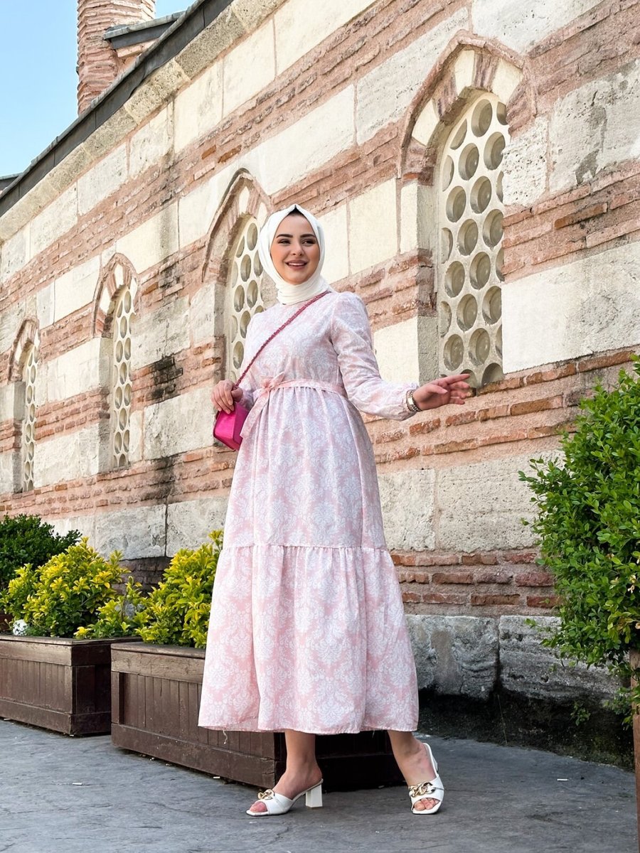 Cng Moda Pudra Kuşaklı Çiçek Desenli Prenses Elbise