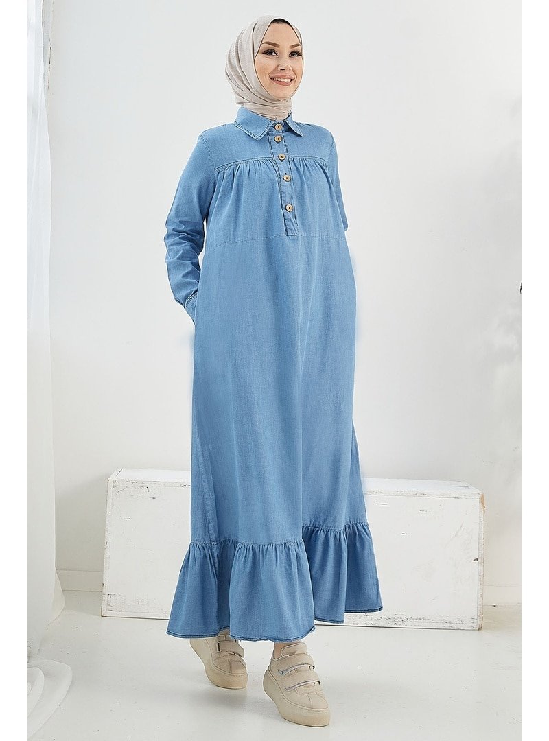 InStyle Açık Mavi Mandes Robalı Fırfırlı Salaş Kot Elbise