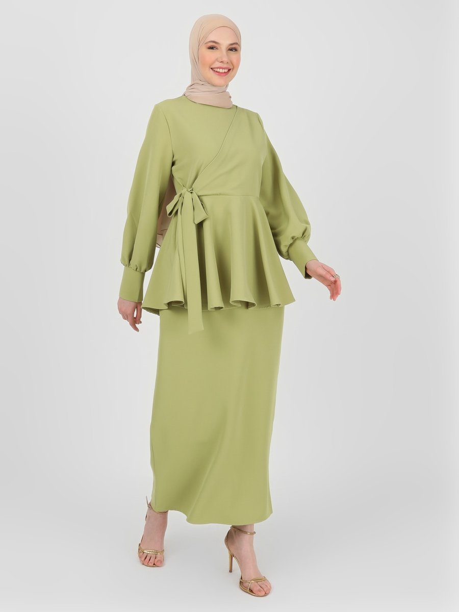 Refka Kirli Yeşil Volan Detaylı Tunik & Etek İkili Takım