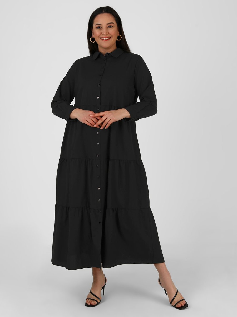 Alia Siyah Büyük Beden Hacimli Basic Dokuma Elbise