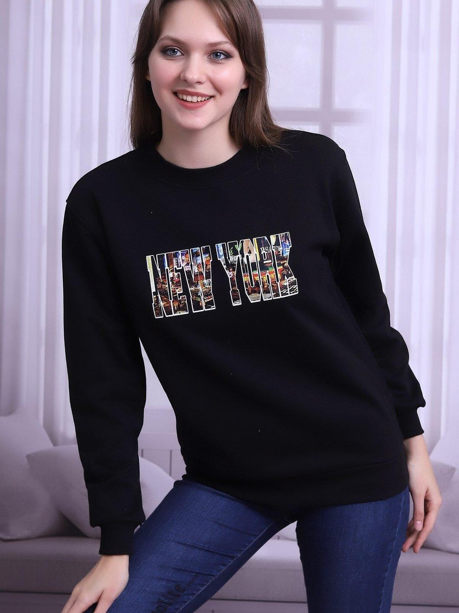 Deafox Siyah New York Baskılı Bisiklet Yaka Sweatshirt