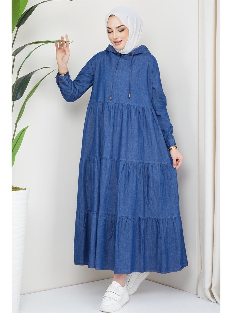 Hafsa Mina Koyu Mavi Kapüşon Detaylı Kot Elbise