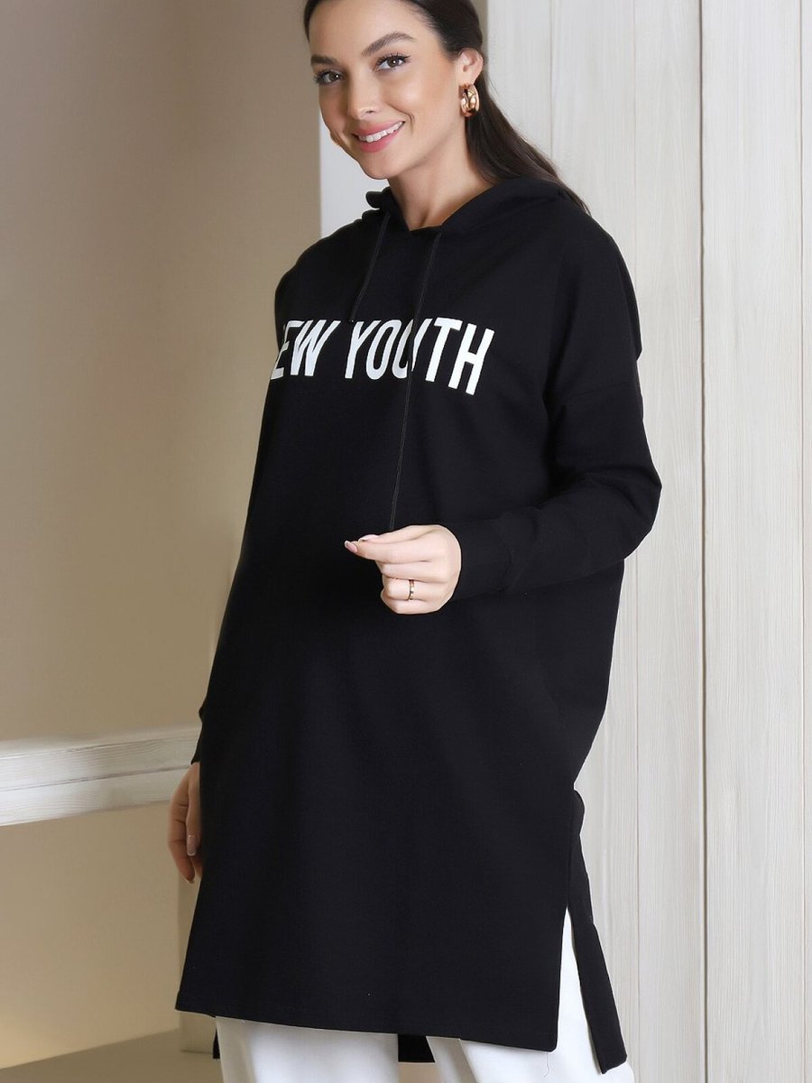 ADYES Siyah Yazı Detaylı Kapüşonlu Sweatshirt