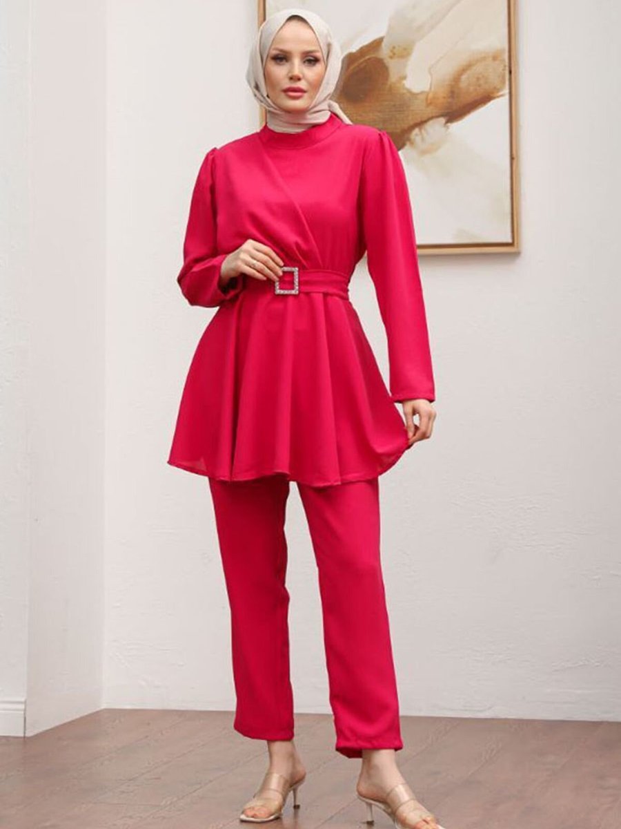 Moda Rosa Pembe Çiçek Taşlı İkili Takım