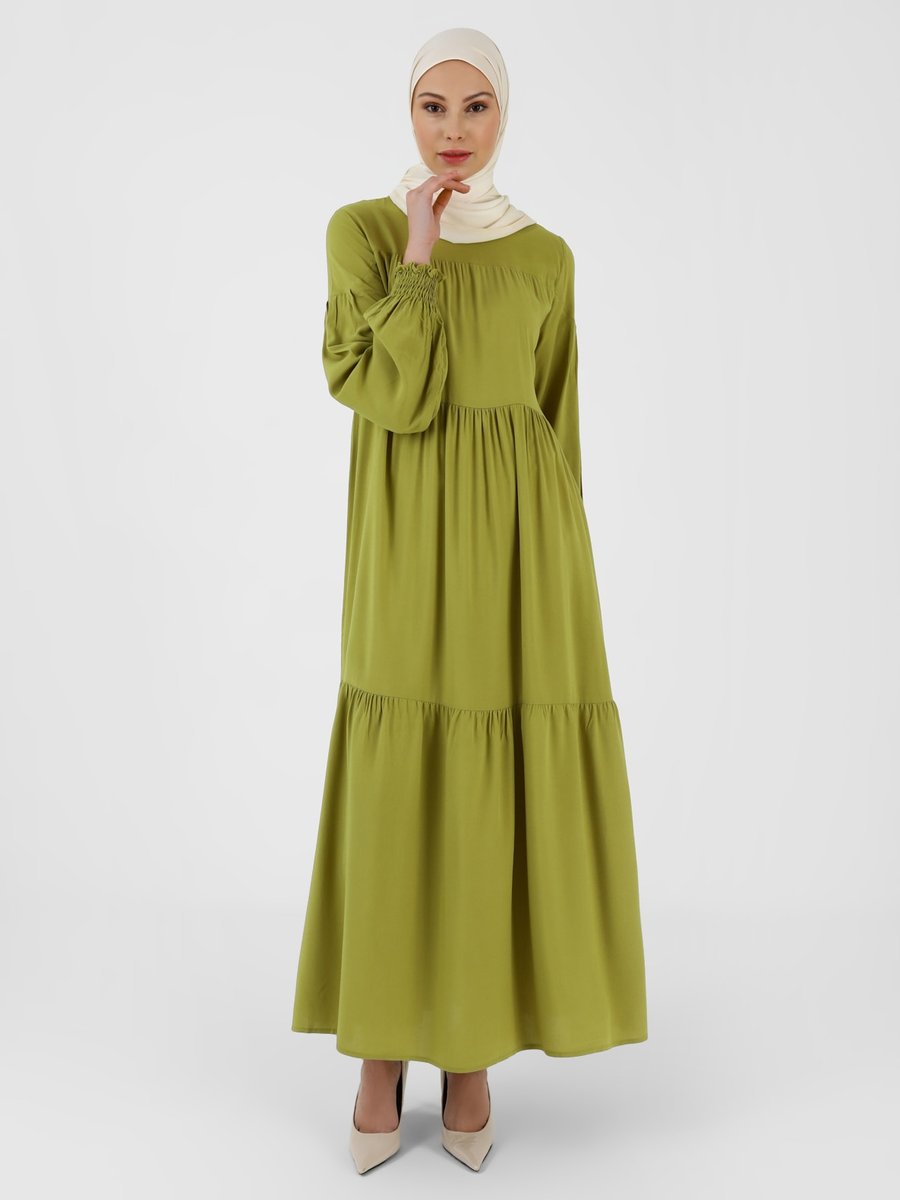 Refka Yağ Yeşili Doğal Kumaşlı Kol Uçları Gipe Detaylı Elbise