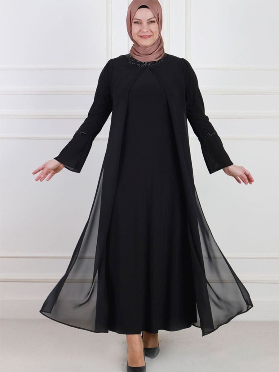 Moda Rosa Siyah Büyük Beden Şifon Kaplamalı Sandy Abiye Elbise