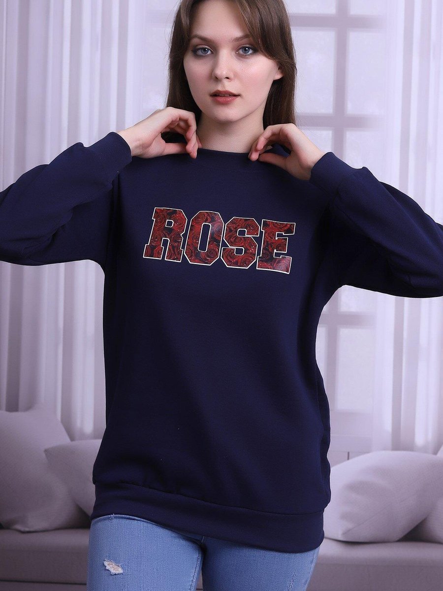 Deafox Lacivert Rose Yazılı Bisiklet Yaka Sweatshirt